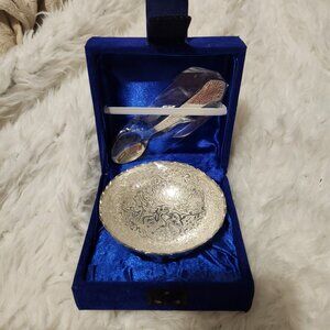 Vintage Silver Plated Bowl & Spoon Set With Velvet Box - Ornate Design - 3.5" Bo